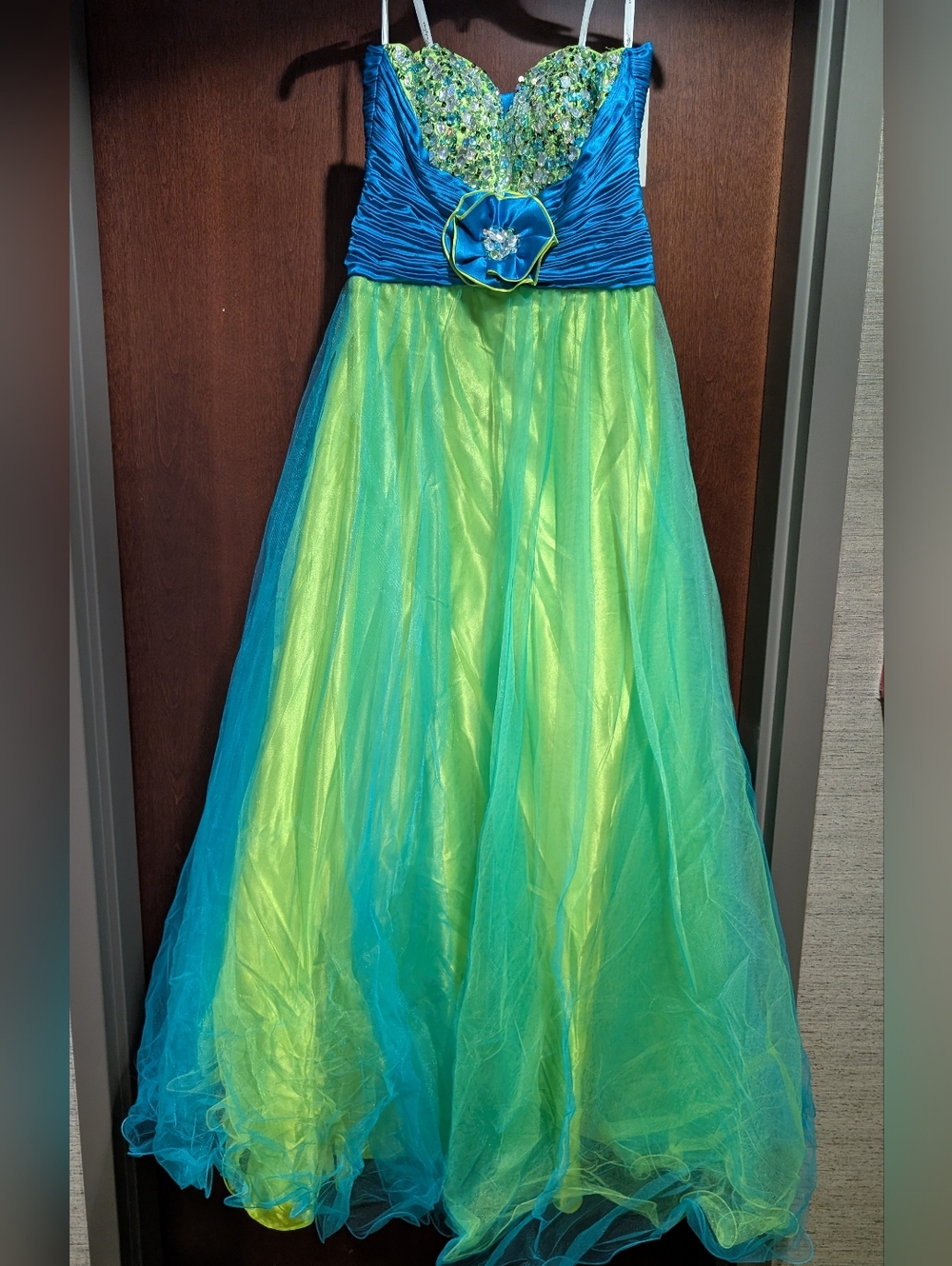 Party Time Formals/Rachal Allan 6685 Size 10 Turquoise Lime Prom Dress